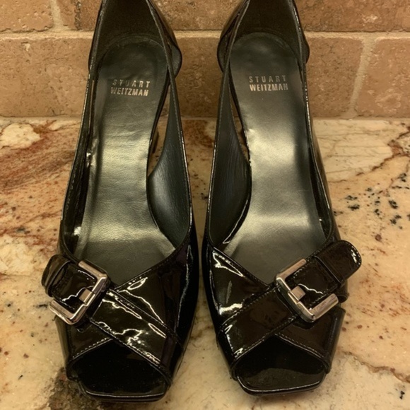 Stuart Weitzman Black Patent Peep Toe Wedges-8.5M - Picture 5 of 12
